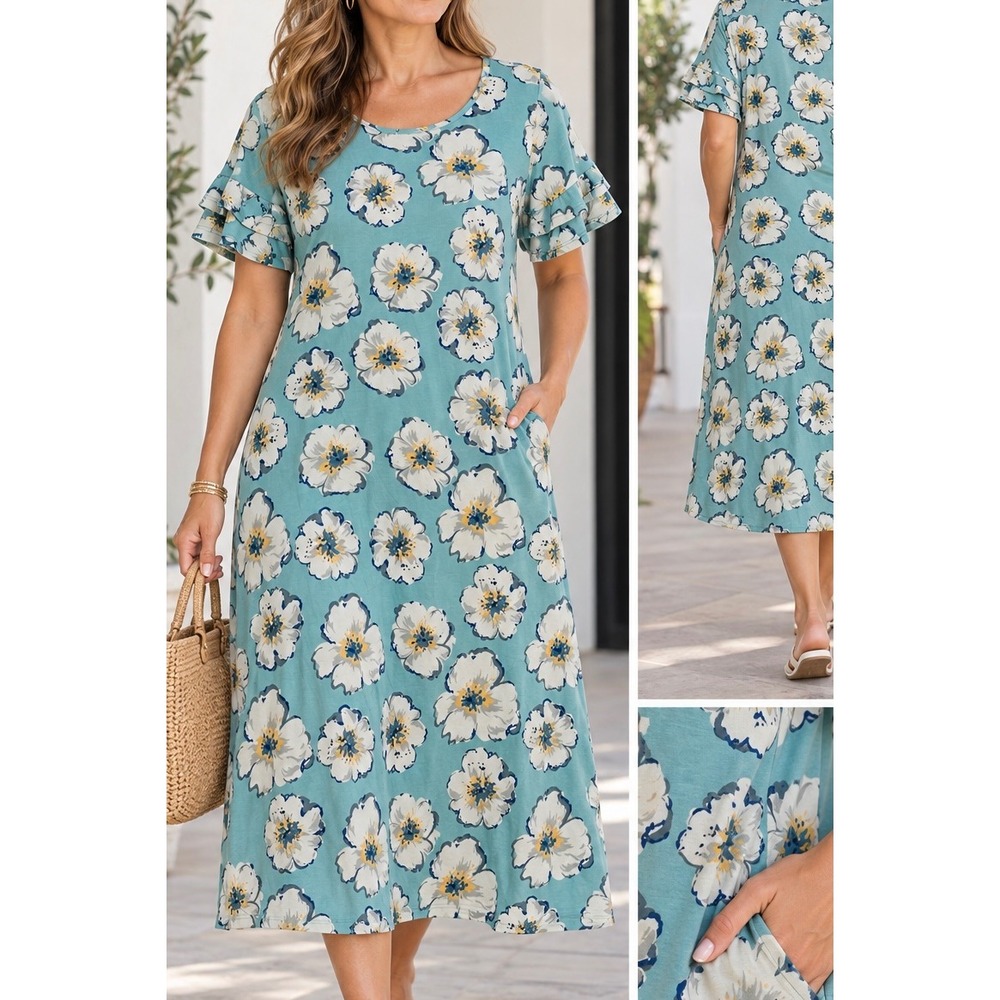 Nemidor Plus Size 20 Floral Midi Dress Ruffle Sleeve Pockets Sage Green A-Line